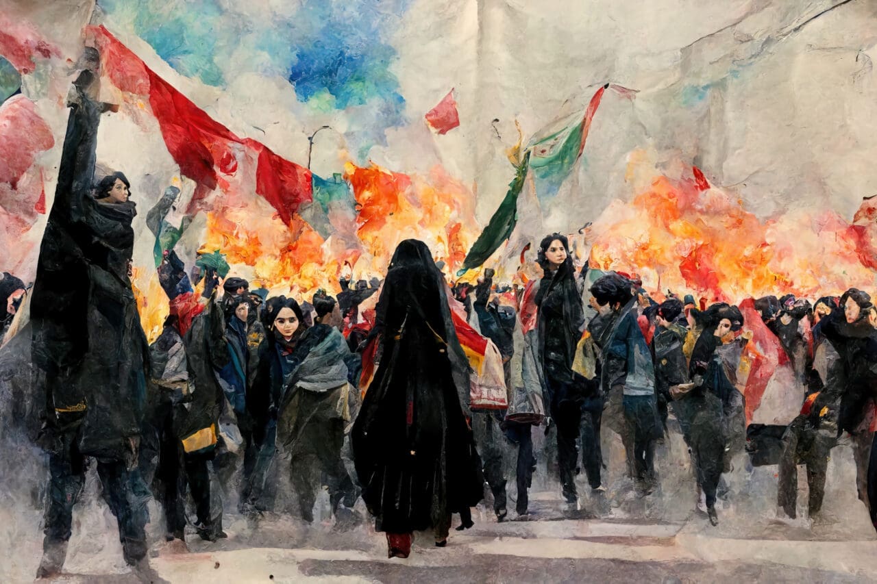 Watercolour digital painting of anti hijab and anti government protests in Iran. Women burning head scarves in a powerful human rights movement for equality and solidarity.