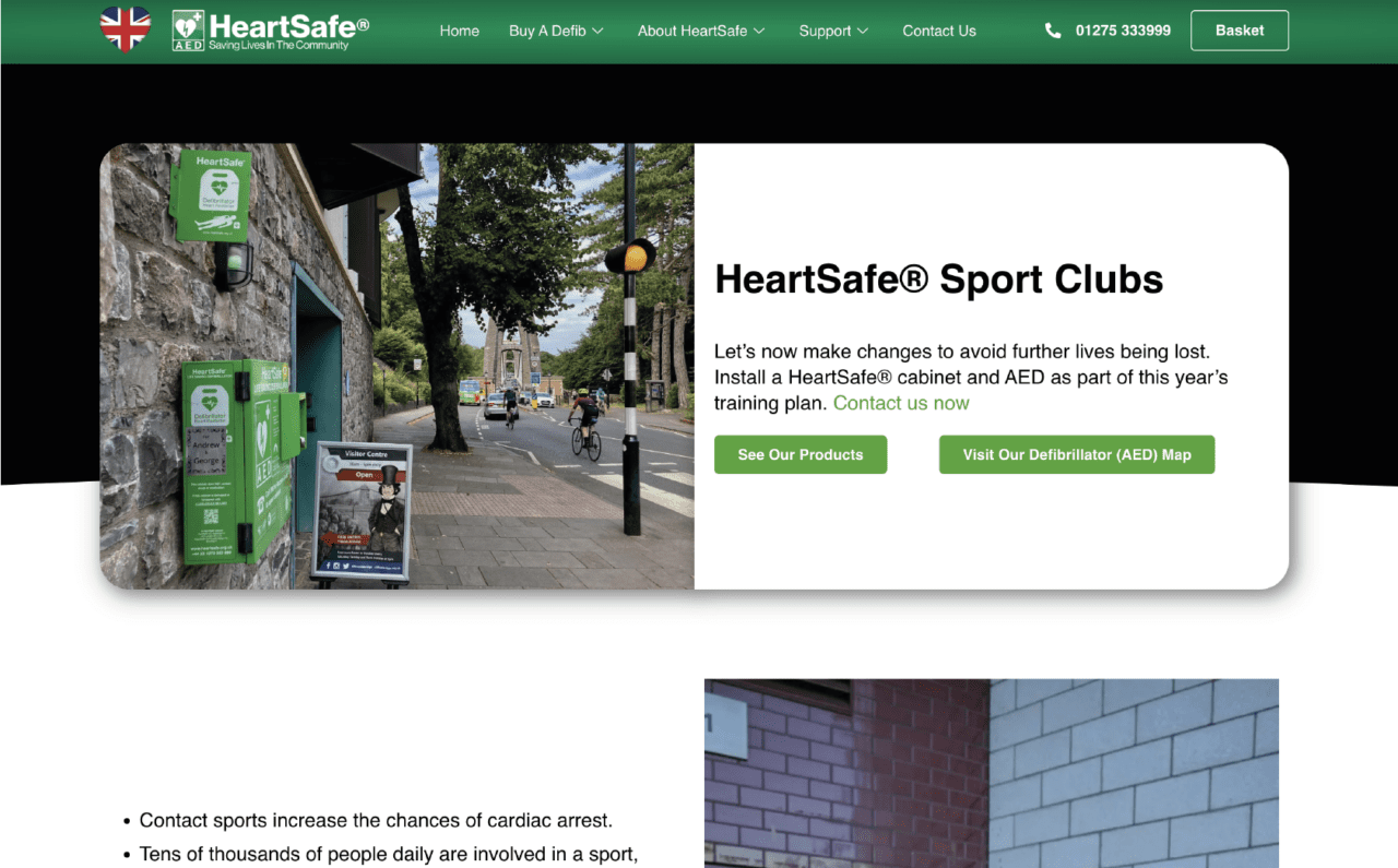 Screenshot of HeartSafe website - HeartSafe sport clubs