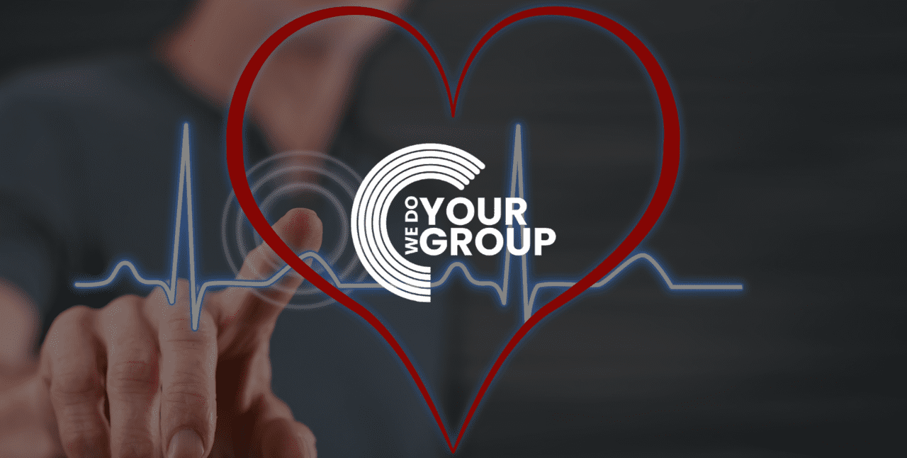 WeDoYourGroup white logo on background with ECG monitor lines inside red heart