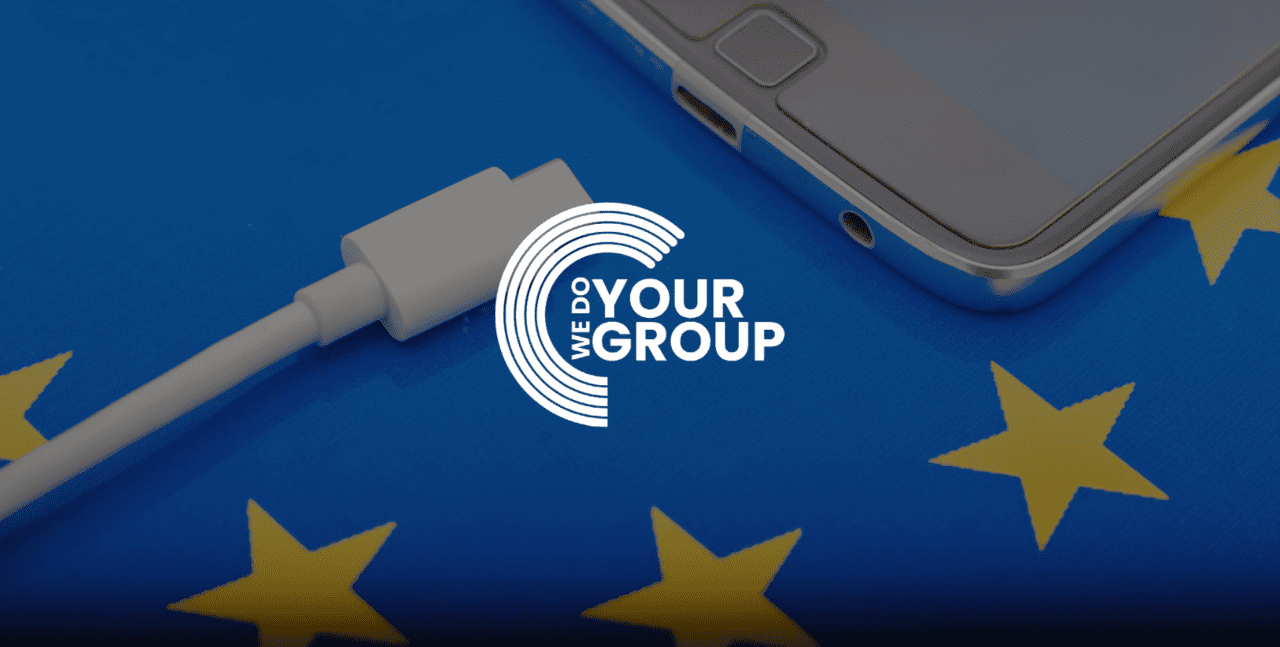 WeDoYourGroup white logo on background of USB-C charger with EU flag background