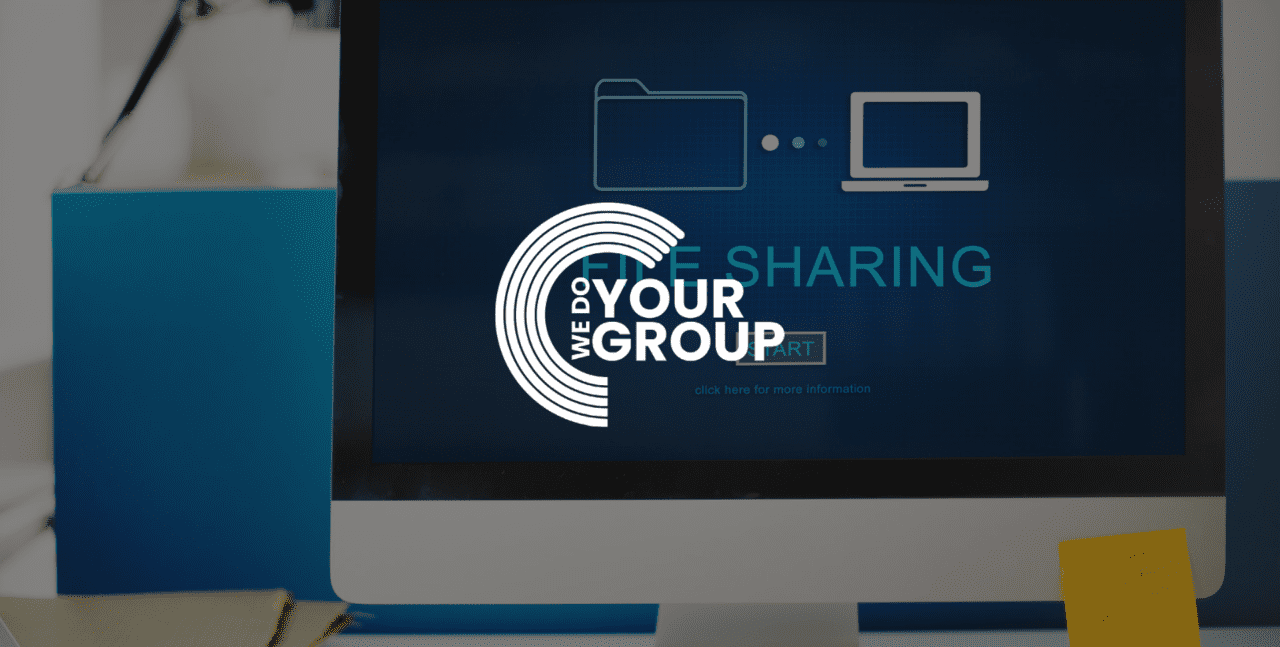 WeDoYourGroup white logo on background of Mac computer with 'File Sharing' on the screen