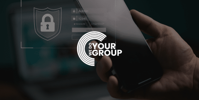 WeDoYourGroup white logo on background with mobile phone and digital username and password box, with security lock