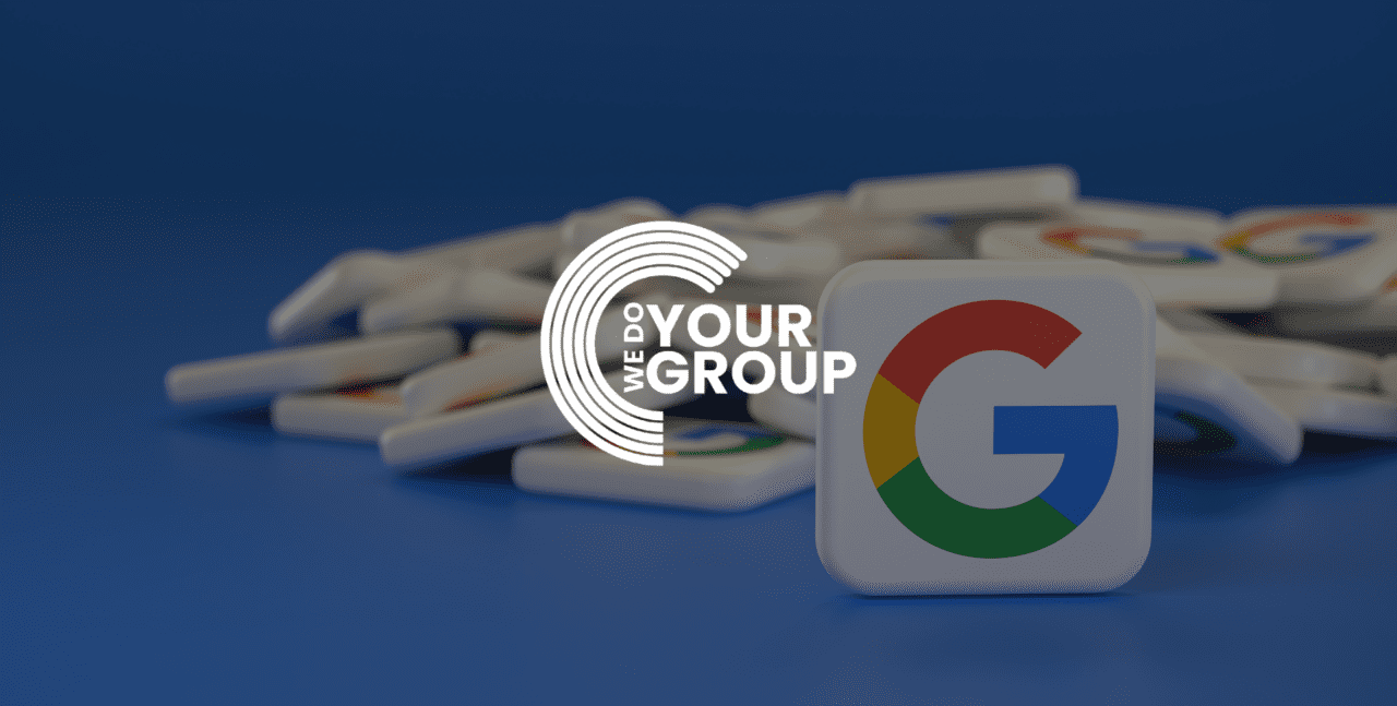 WeDoYourGroup white logo on background with Google logo on white tokens piled up