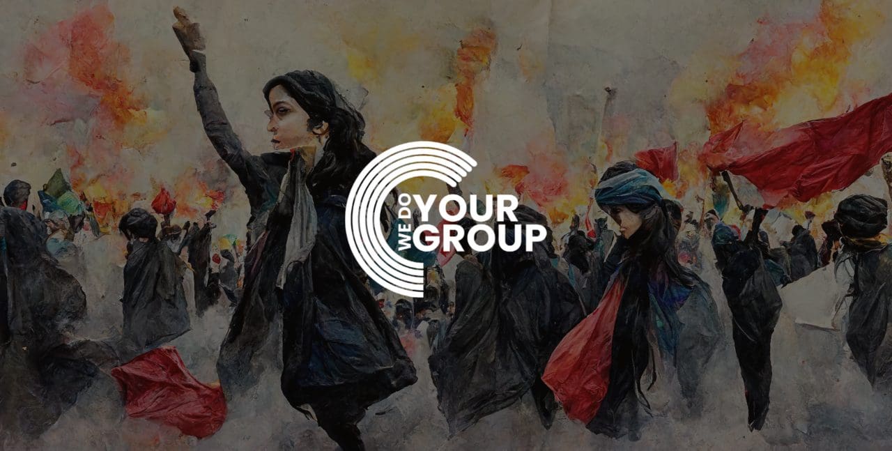 WeDoYourGroup white logo on background of painting of Iranian women protesting after the death of Mahsa Amini. Protests and fires, burning headscarves for equal rights of women in Iran