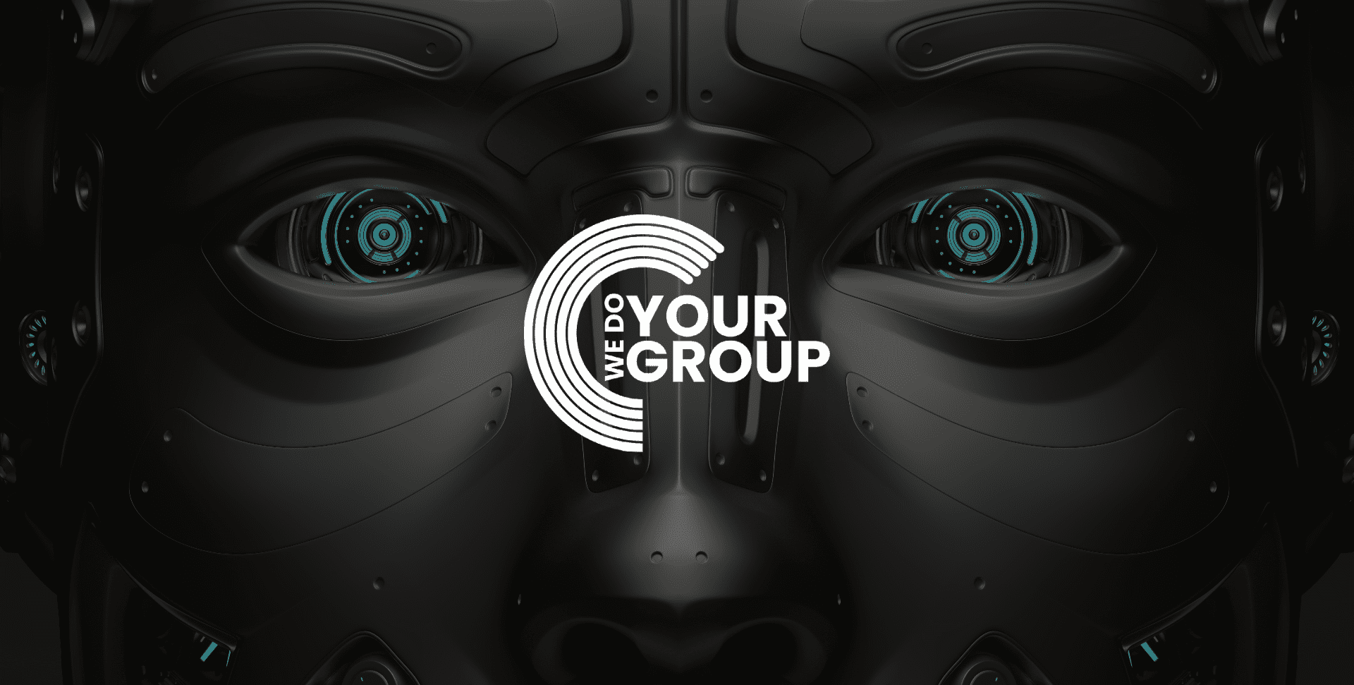 WeDoYourGroup White Logo on background with very detailed Futuristic Robot face
