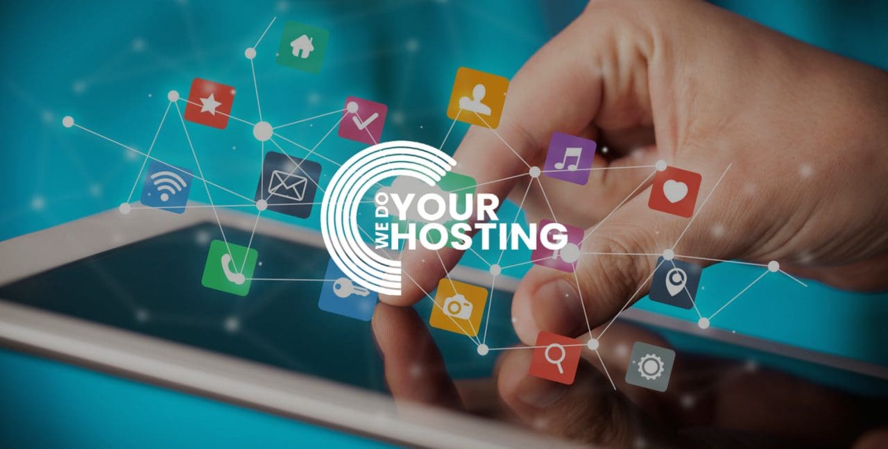 WeDoYourHosting white logo on background with digital smartphone apps