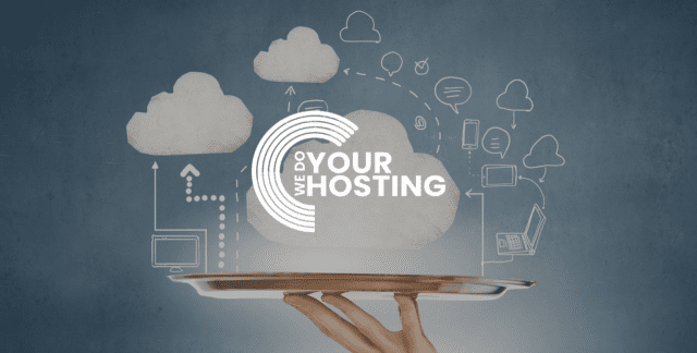 WeDoYourHosting white logo on background of white cloud hovering over tray with icons surrounding it