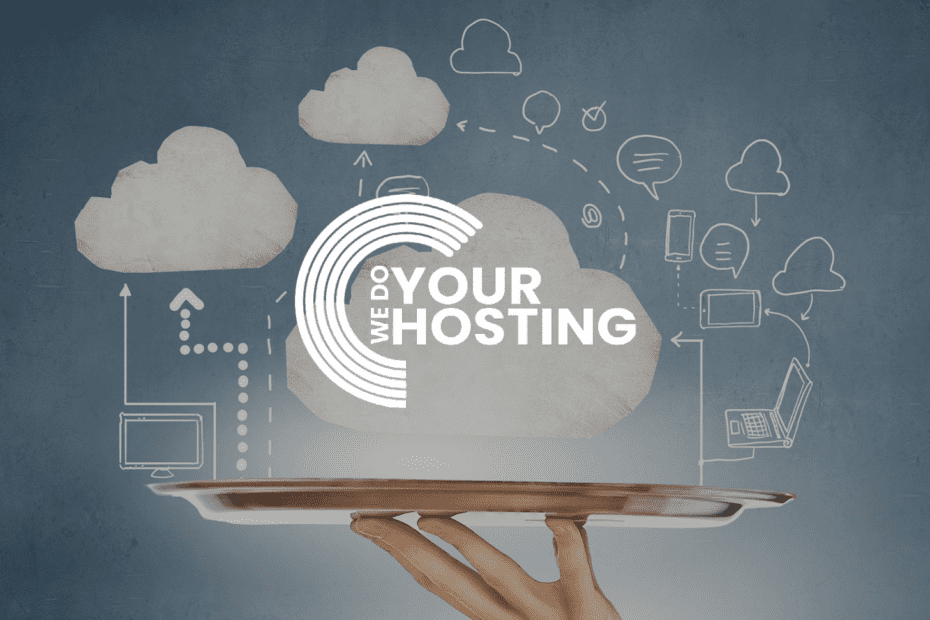 WeDoYourHosting white logo on background of white cloud hovering over tray with icons surrounding it