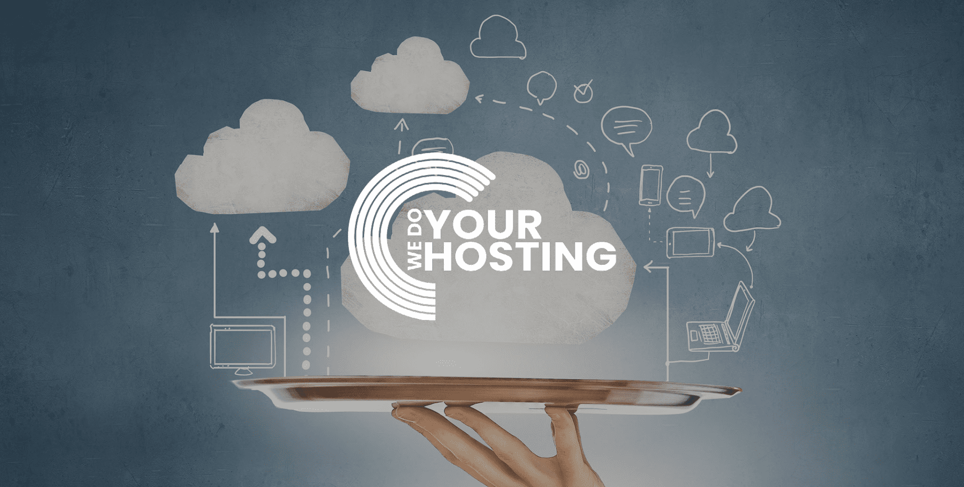 WeDoYourHosting white logo on background of white cloud hovering over tray with icons surrounding it
