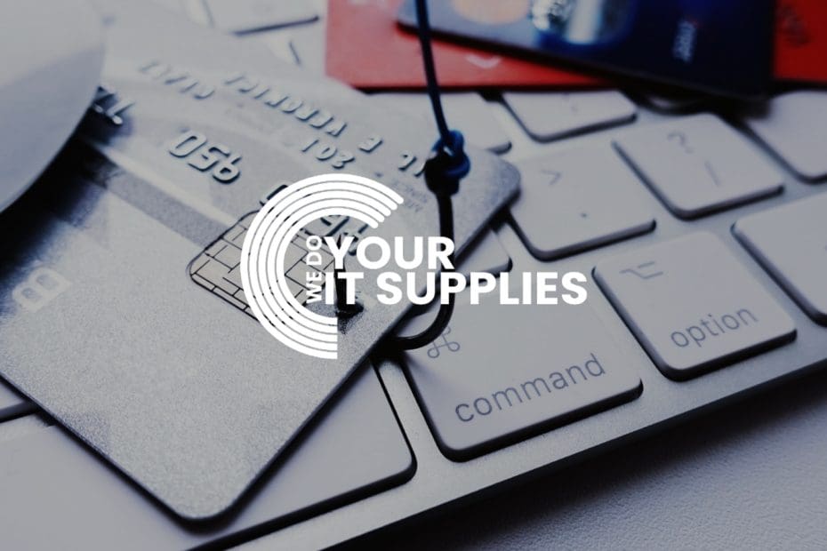 WeDoYourITSupplies white logo on background of Mac keyboard on desk, with bank card on top of it, with a hook through the card