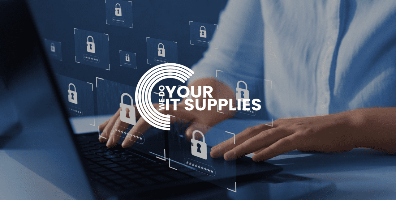 WeDoYourITSupplies white logo on background with man using laptop with padlock icons surrounding