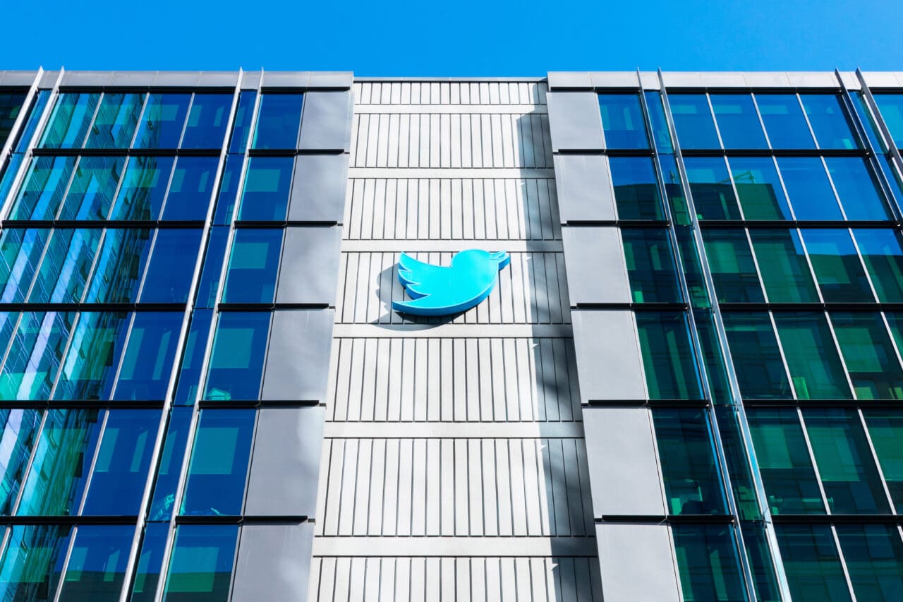 Twitter sign, logo on headquarters campus building. Twitter is an American microblogging and social networking service - San Francisco, California, USA - 2022