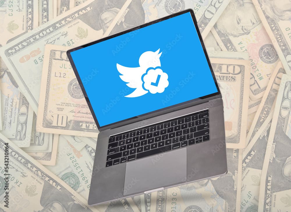 Twitter icon on laptop behind dollars