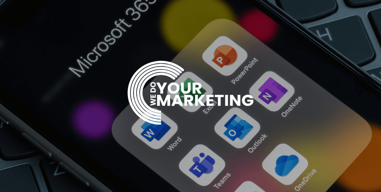 WeDoYourMarketing white logo on background with microsoft 365 apps on phone