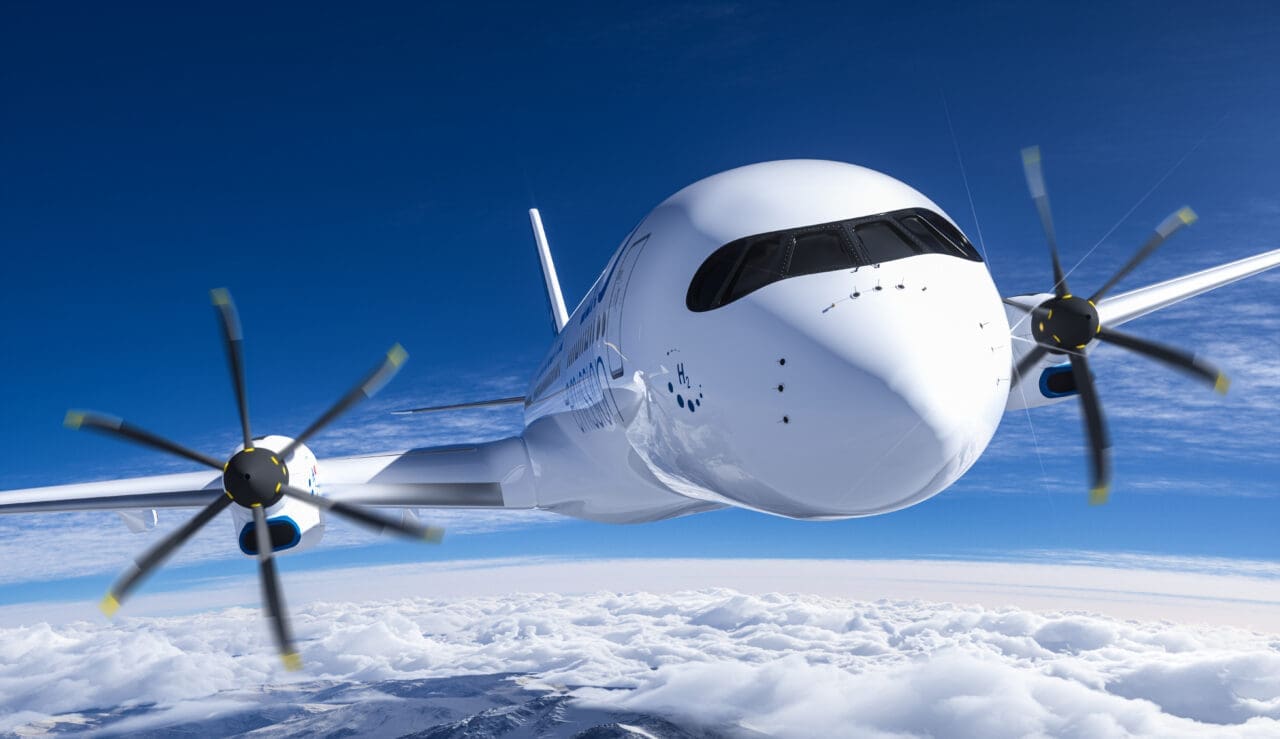 Hydrogen filled H2 propeller Airplane flying in the sky - future H2 energy concept. 3d rendering