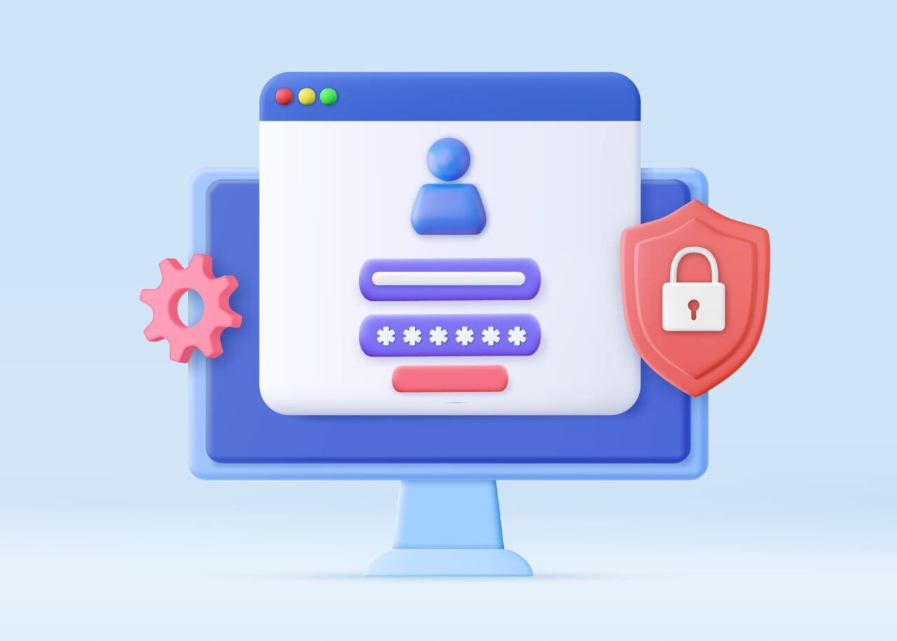 3d Login and password concept. Online file protection system concept with computer and lock. secure login form for personal online account or social media profile. 3d rendering. Vector illustration