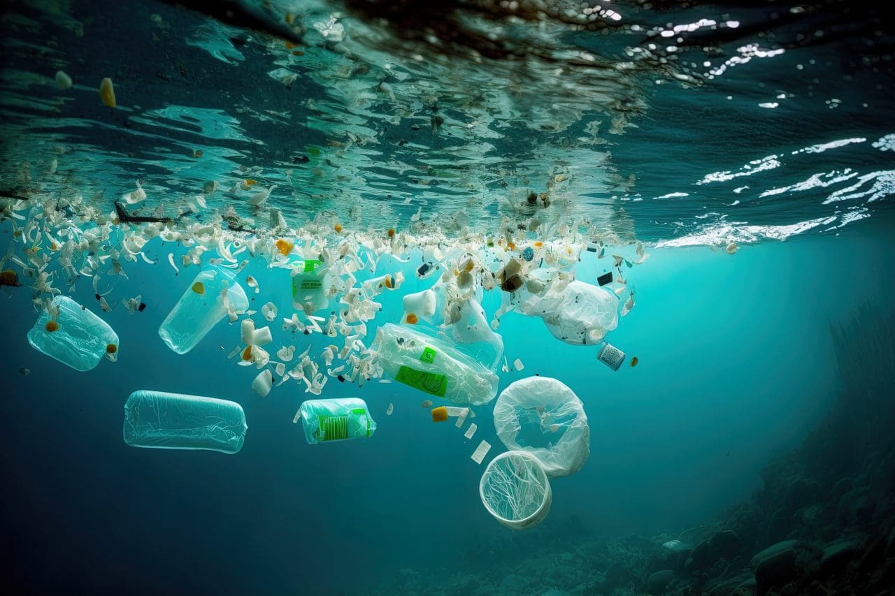 An image of trash plastic bottles drifting in the ocean. Generative AI