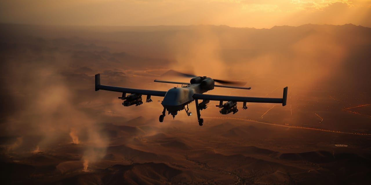 Military drone over a war zone at sunset by generative AI