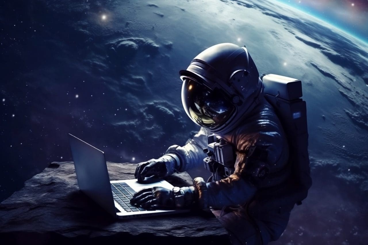 Astronaut Working on Laptop in Outer Space. AI