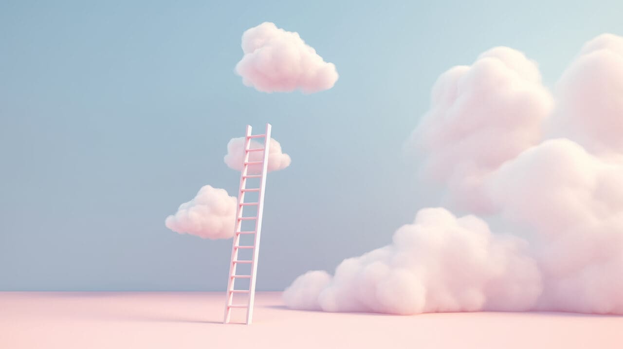 Step ladder leading in clouds . Growth, future, development concept with minimal pastel colors