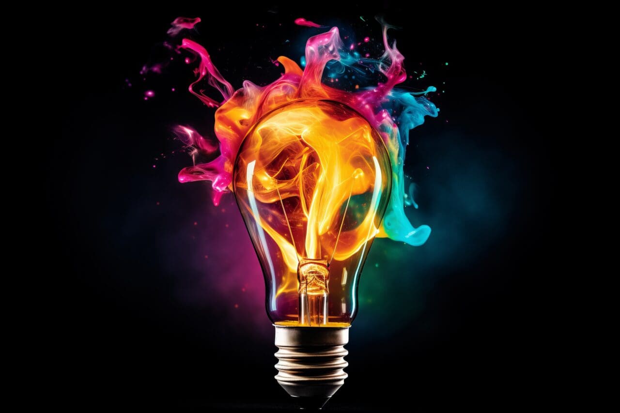 Creative light bulb explodes with colorful paint and colors. New idea, brainstorming concept.
