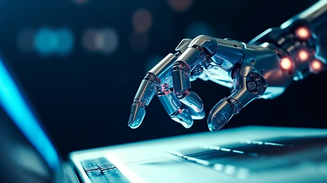 Robot hands point to laptop button advisor chatbot robotic artificial intelligence concept. Generative Ai