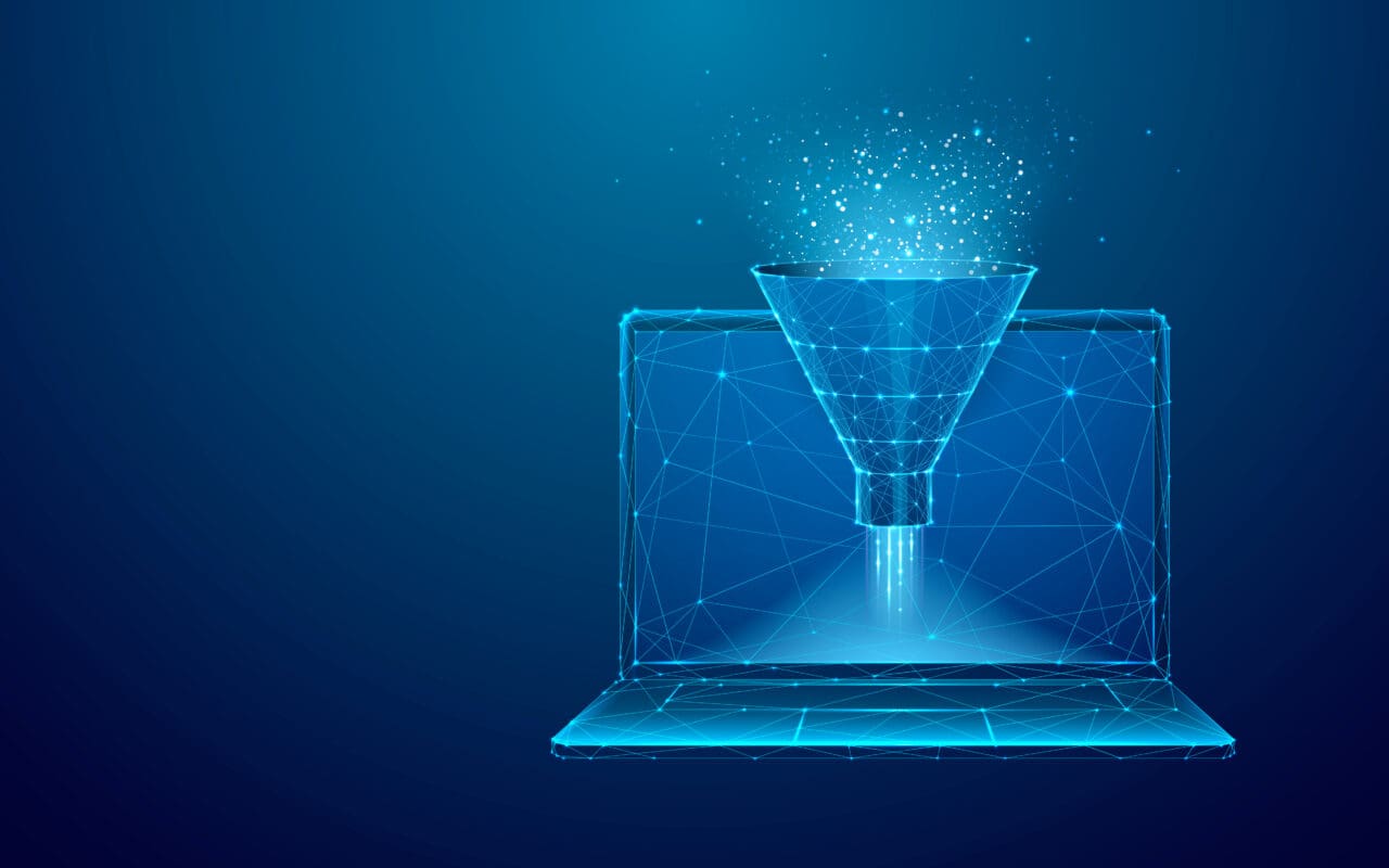 Digital Sales Funnel on Laptop. Big Data Concept on Technological Blue Background. Abstract Data Flow and Filter on the Screen. Low Poly Wireframe Vector Illustration. Starry sky polygonal style.