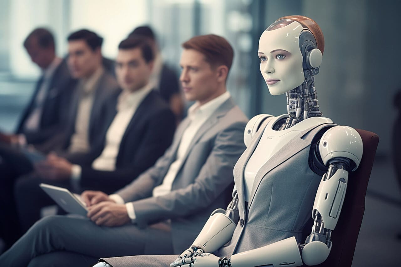 In a corporate office, a human-like female humanoid robot patiently waits in line with human candidates for an AI-driven job interview, embodying the future of automated employment in Industry 4.0