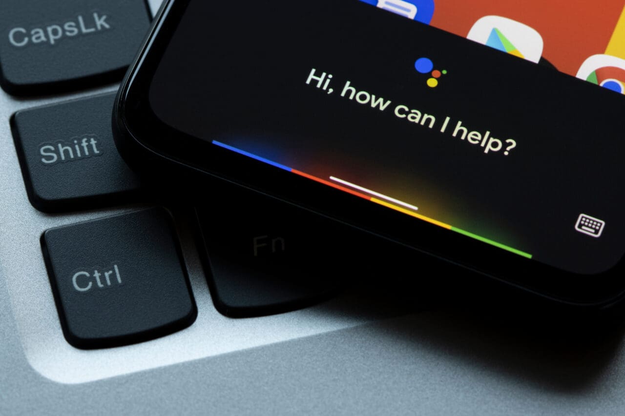 Google Assistant is activated on a Google Pixel 4a smartphone. Google Assistant is an AI–powered virtual assistant on mobile and smart home devices.