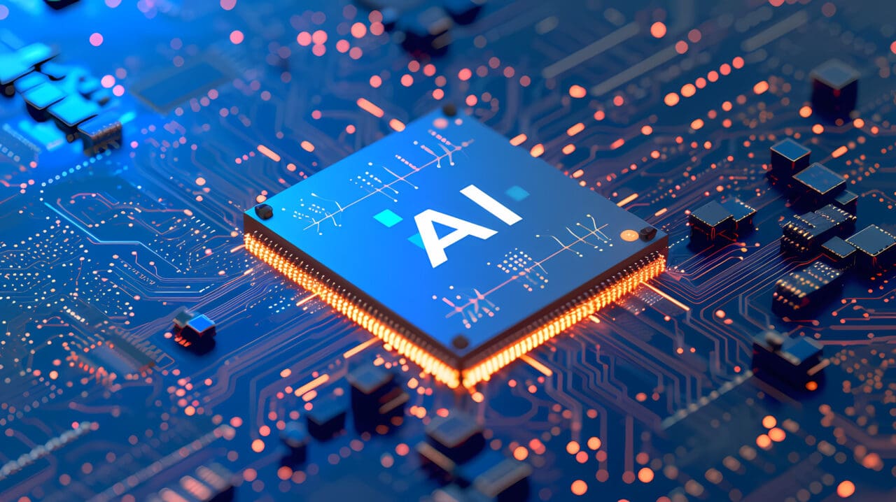 powerful computer processor microchip with the word representing artificial intelligence, AI technology