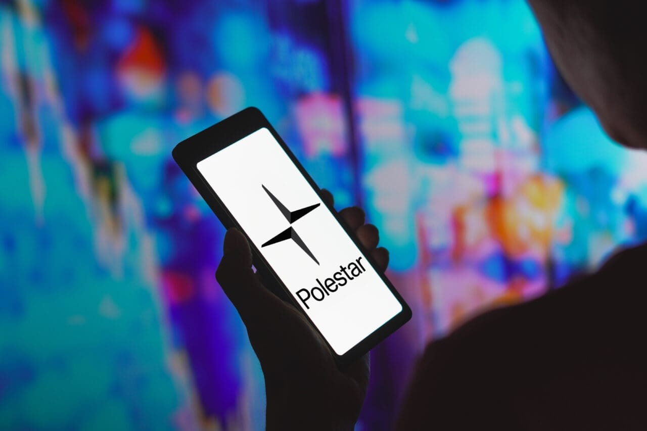 In this photo illustration, the Polestar logo is displayed on a smartphone screen