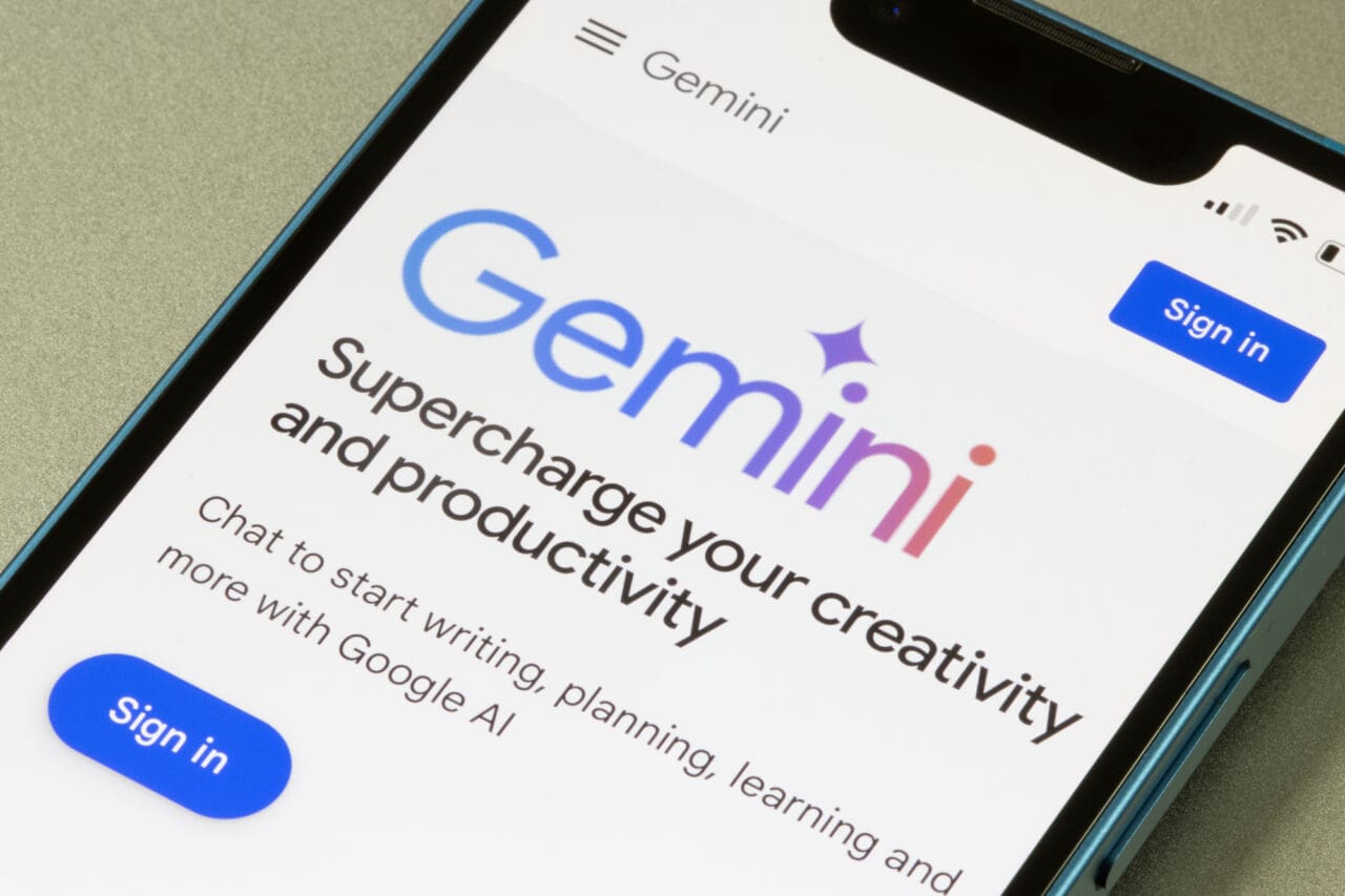Webpage of Gemini is seen on the Google website on an iPhone. Google renames its Bard chatbot to Gemini