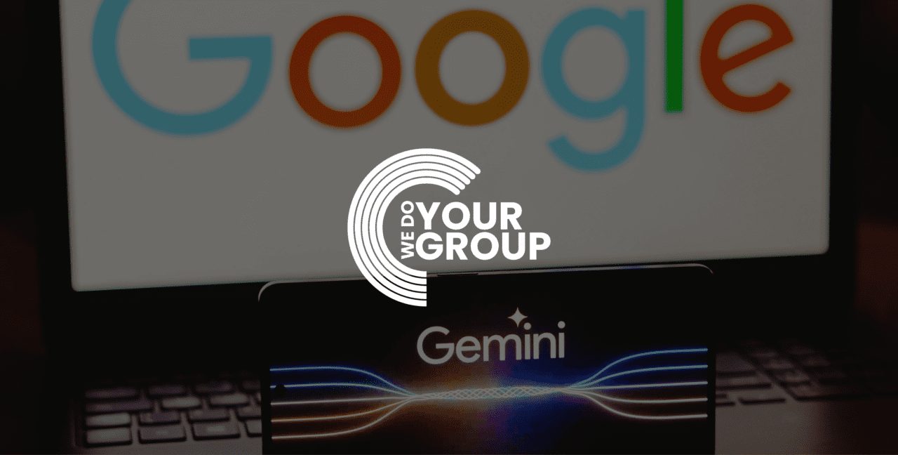 Google on a laptop and Gemini on a phone in front of the laptop