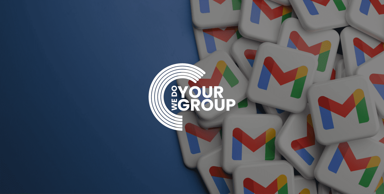 Gmail logo icons stacked in a pile with a blue background and a We Do Your Group logo