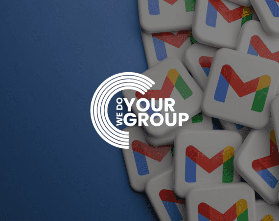 Gmail logo icons stacked in a pile with a blue background and a We Do Your Group logo