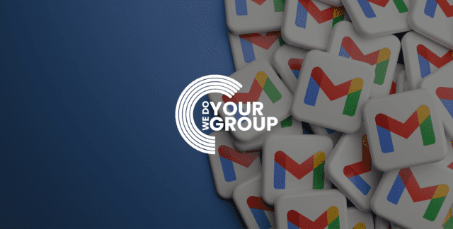 Gmail logo icons stacked in a pile with a blue background and a We Do Your Group logo