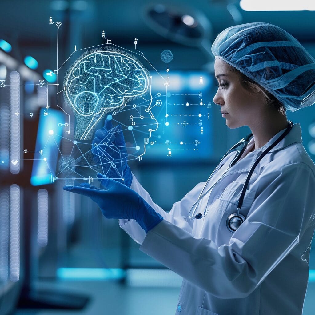 ai in healthcare concept. woman dressed in nurses scrubs looking at ai head concept
