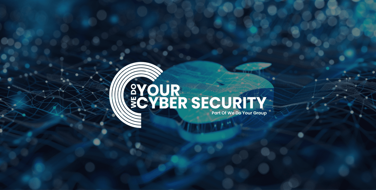 apple logo on a tech background with the We Do Your Cyber Security logo