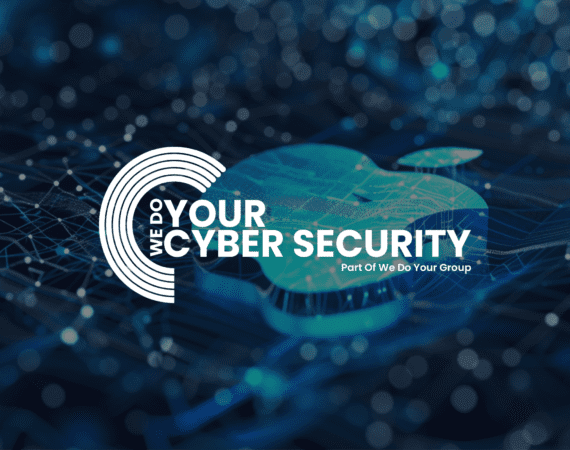 apple logo on a tech background with the We Do Your Cyber Security logo