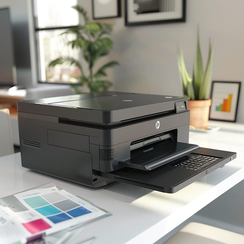 a HP printer on a desk in a office