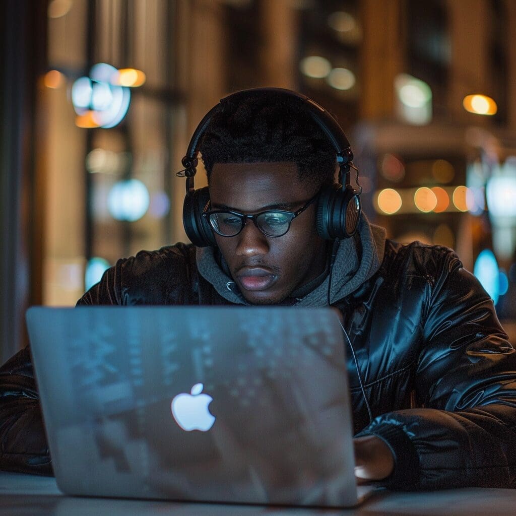 a person listening to music off their macbook