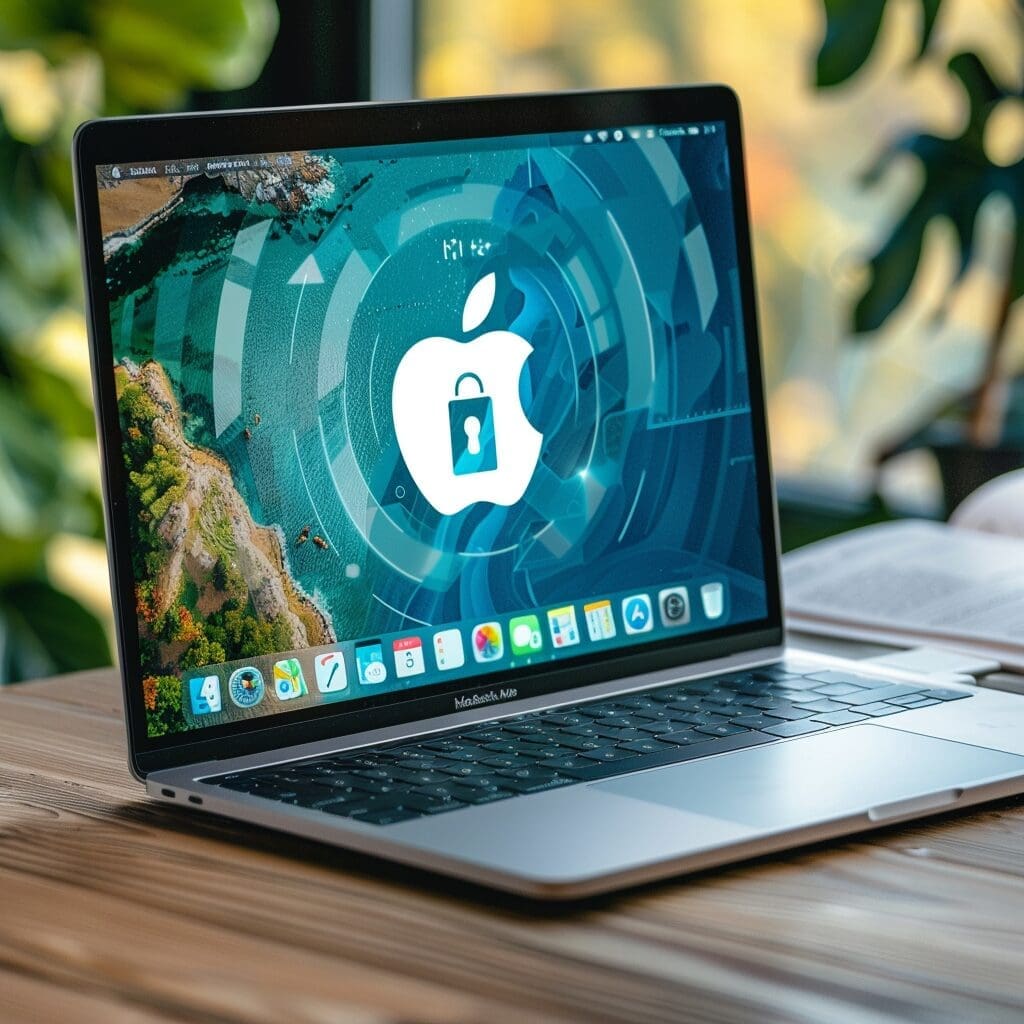 apple logo on a laptop with a security icon on the screen