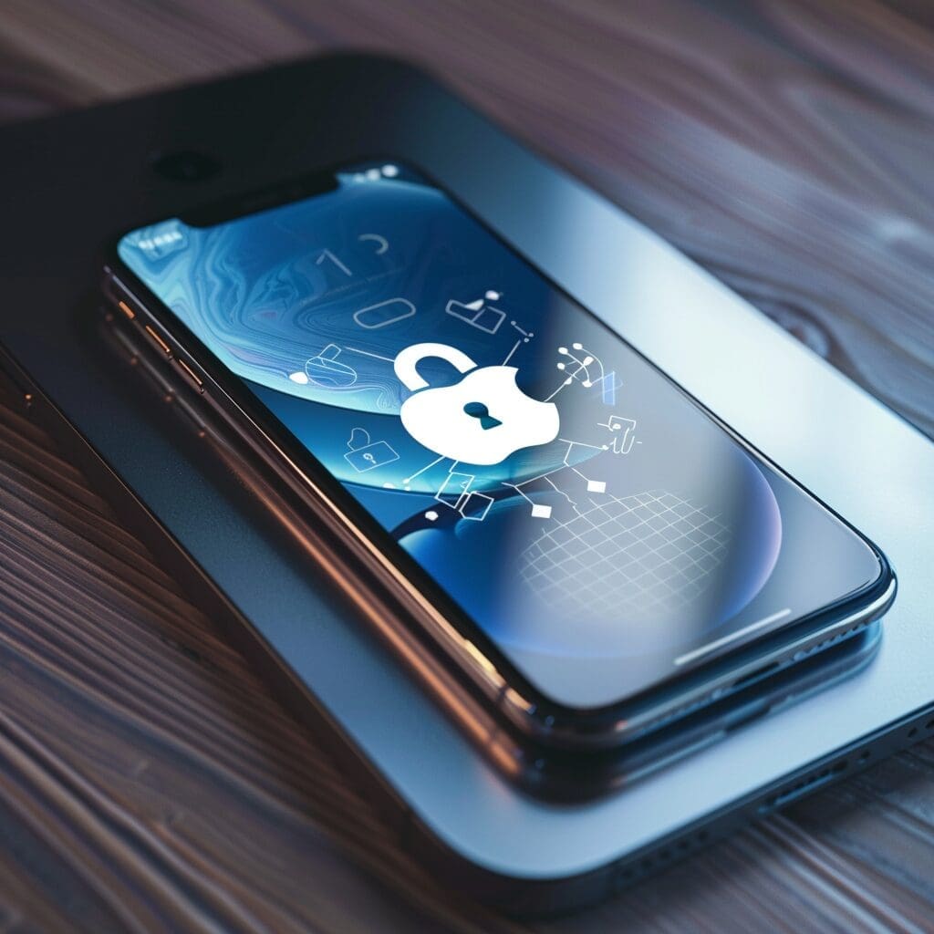 apple logo on a phone ith a security icon on the screen