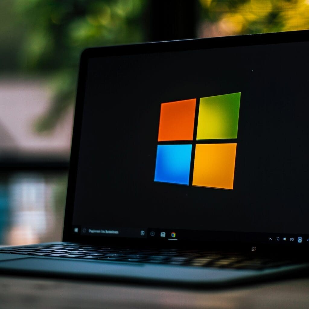 the Microsoft logo is displayed on a notebook screen