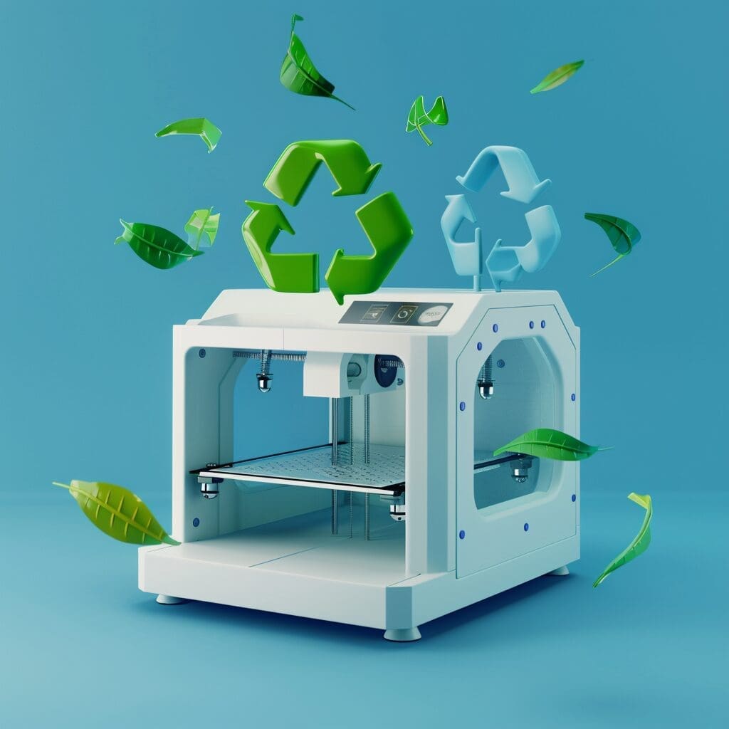 3d printer with recycling icon floating over it