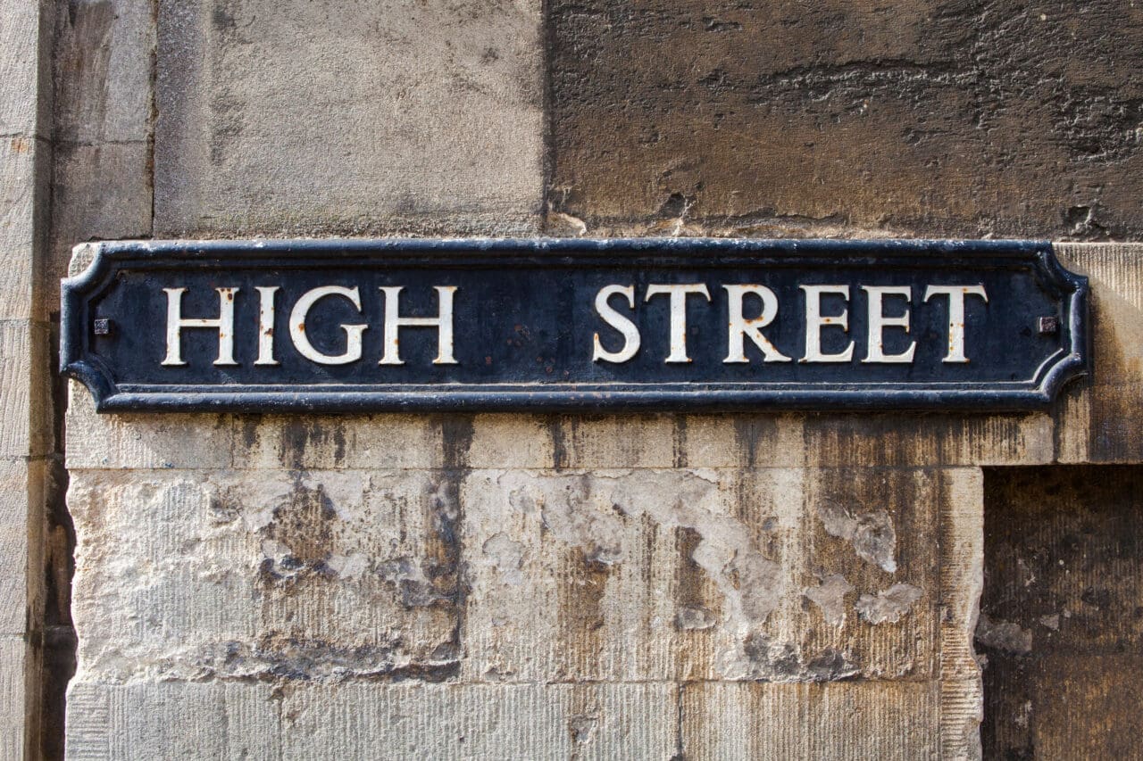 Street sign for the High Street in the historic city of Oxford, England.