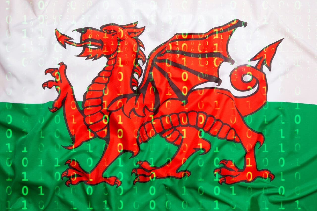 Data protection, binary code with Wales flag