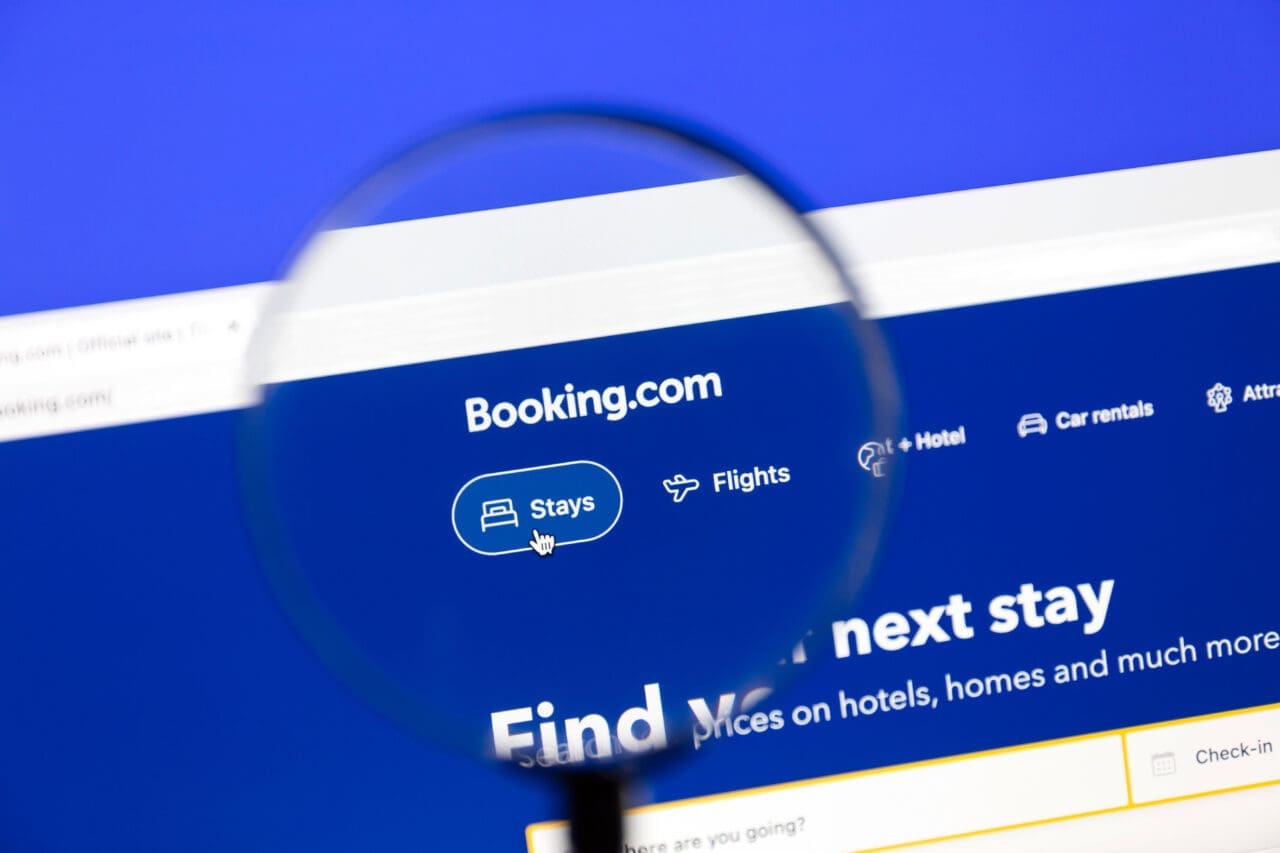 Booking.com website on a computer screen. Booking.com is a online travel agency for lodging reservations.