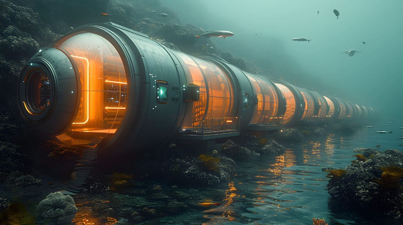 Depict an innovative underwater data center, harnessing the power of the ocean for cooling