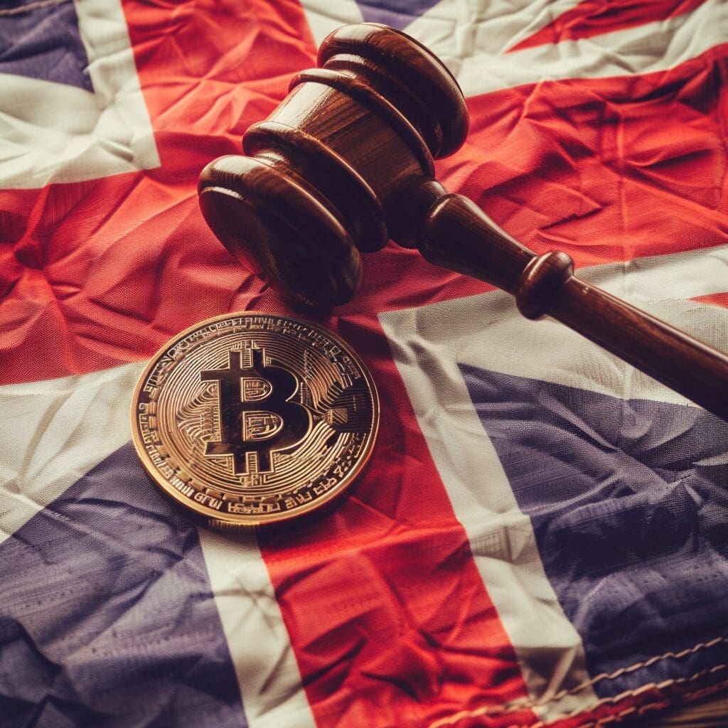 Close-up of gavel on UK flag with Bitcoin symbol
